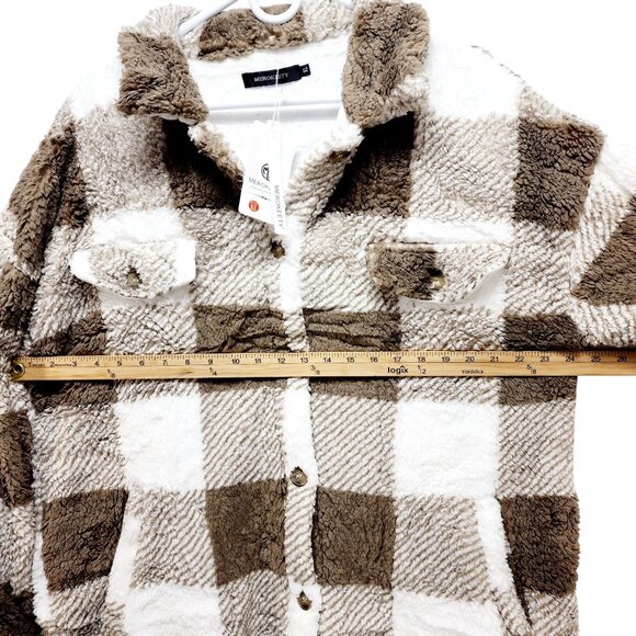 Merokeety Womens Size XL Plaid Sherpa Fleece Jacket Brown White Button-Up - Picture 10 of 14